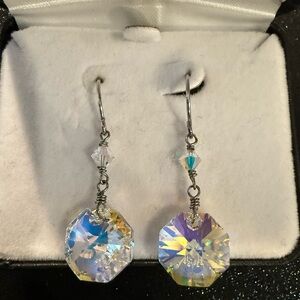 Sterling Aurora Borealis Crystal Drop Earrings, 1”L x 1/2”W., New in Box!
